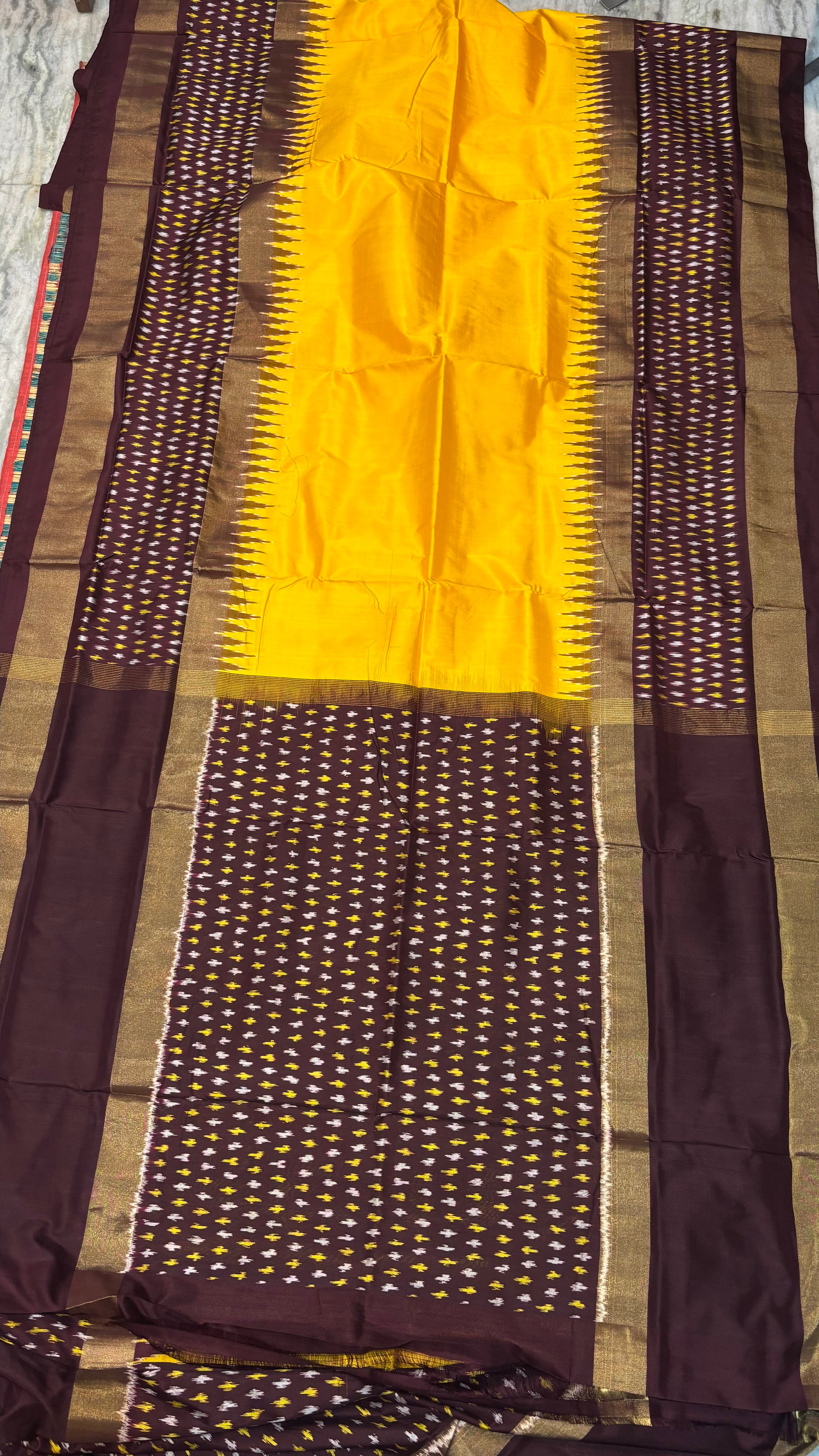Yellow & Chocolate Pure Ikkat Silk Saree