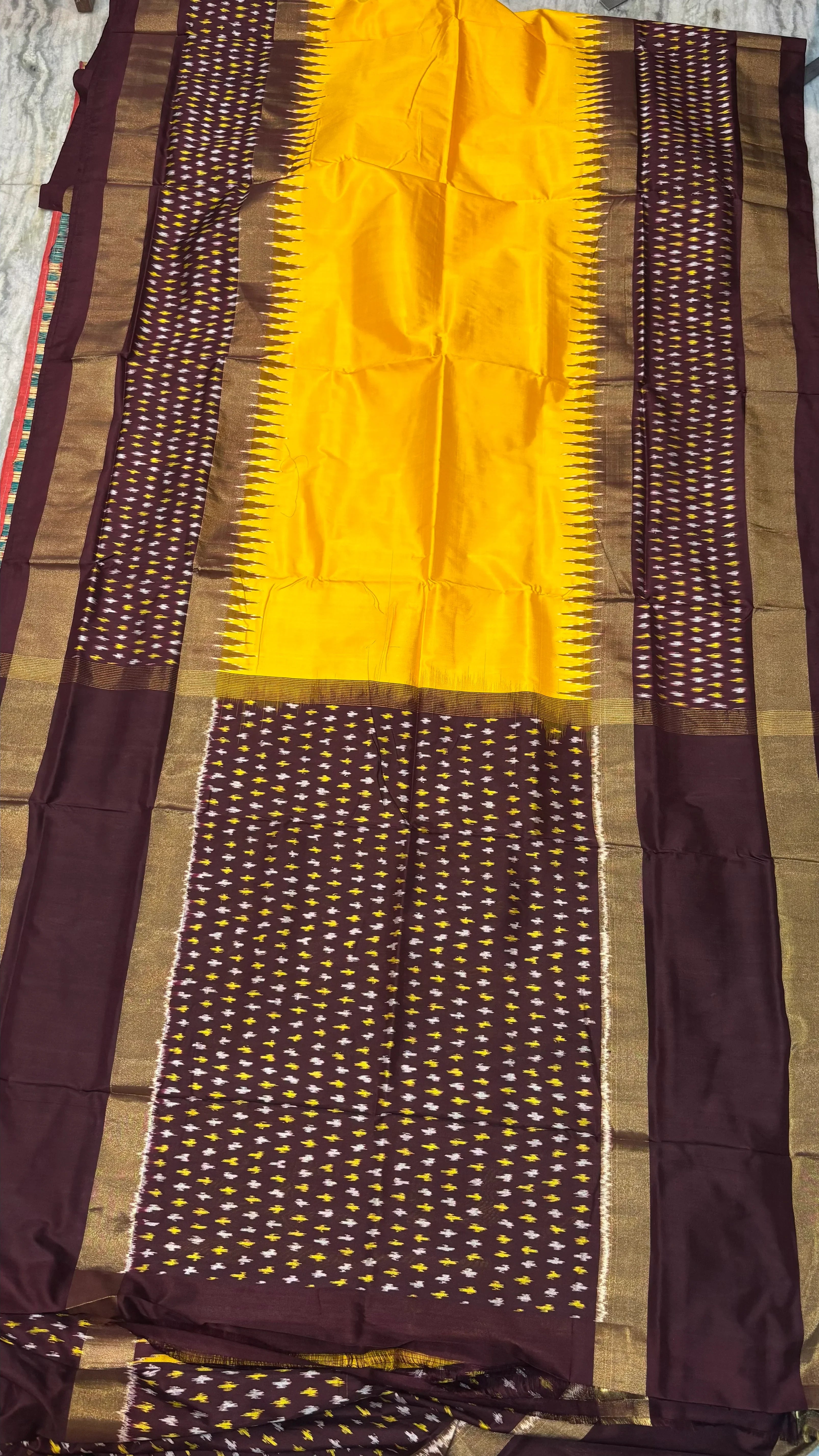 Yellow & Chocolate Pure Ikkat Silk Saree - pochampallysarees.com