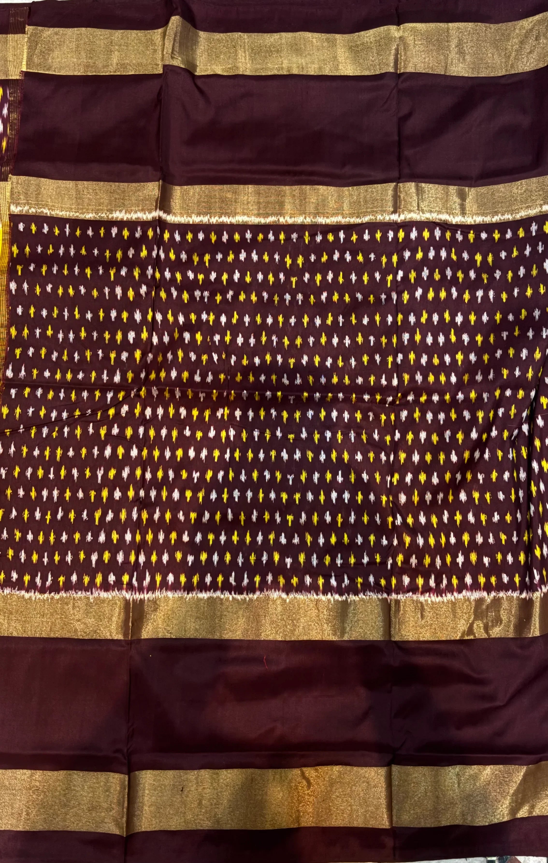 Yellow & Chocolate Pure Ikkat Silk Saree - pochampallysarees.com