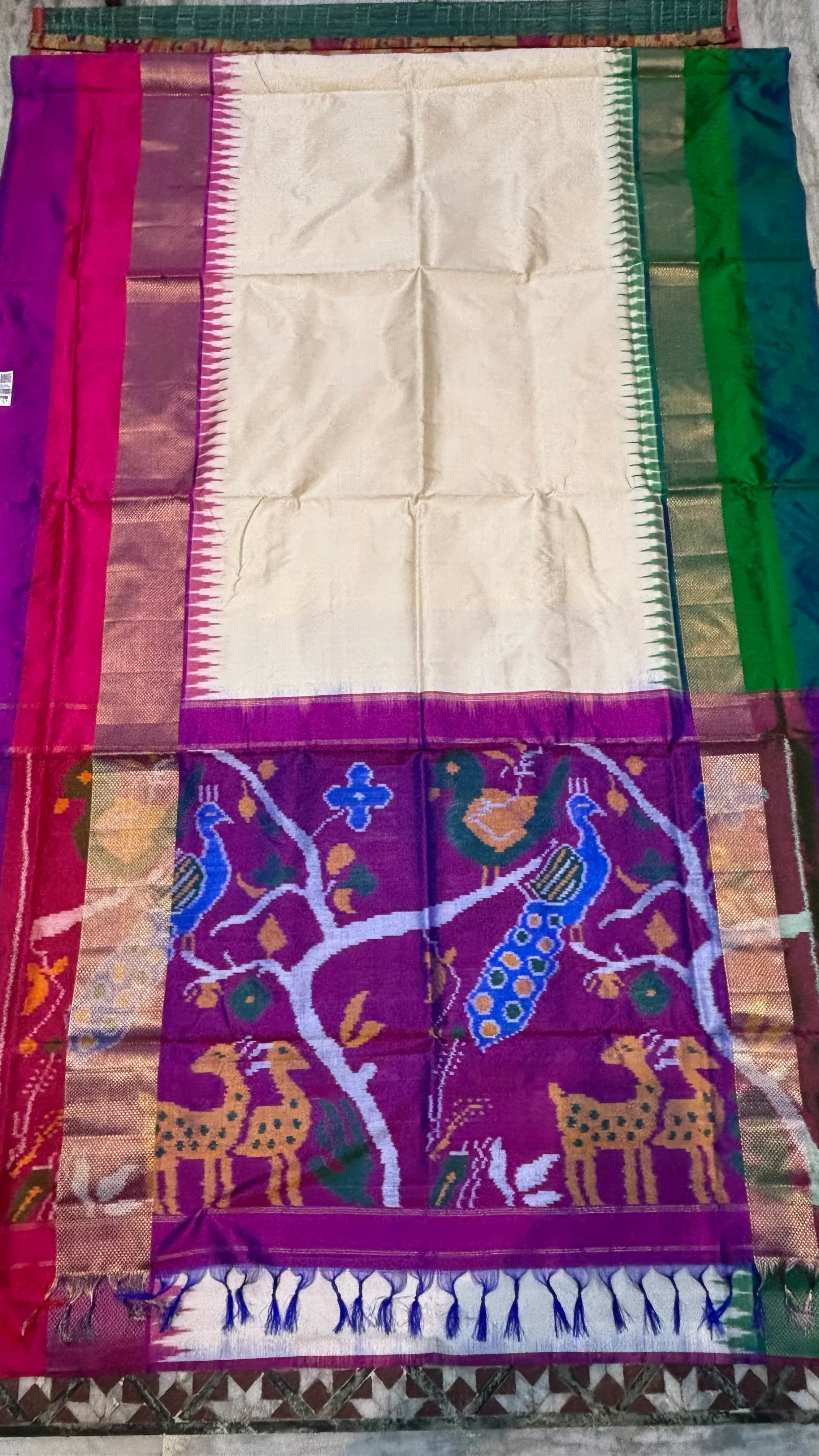 Pure Pochampally Ikkat Silk Saree in Cream with Purple Pallu - pochampallysarees.com