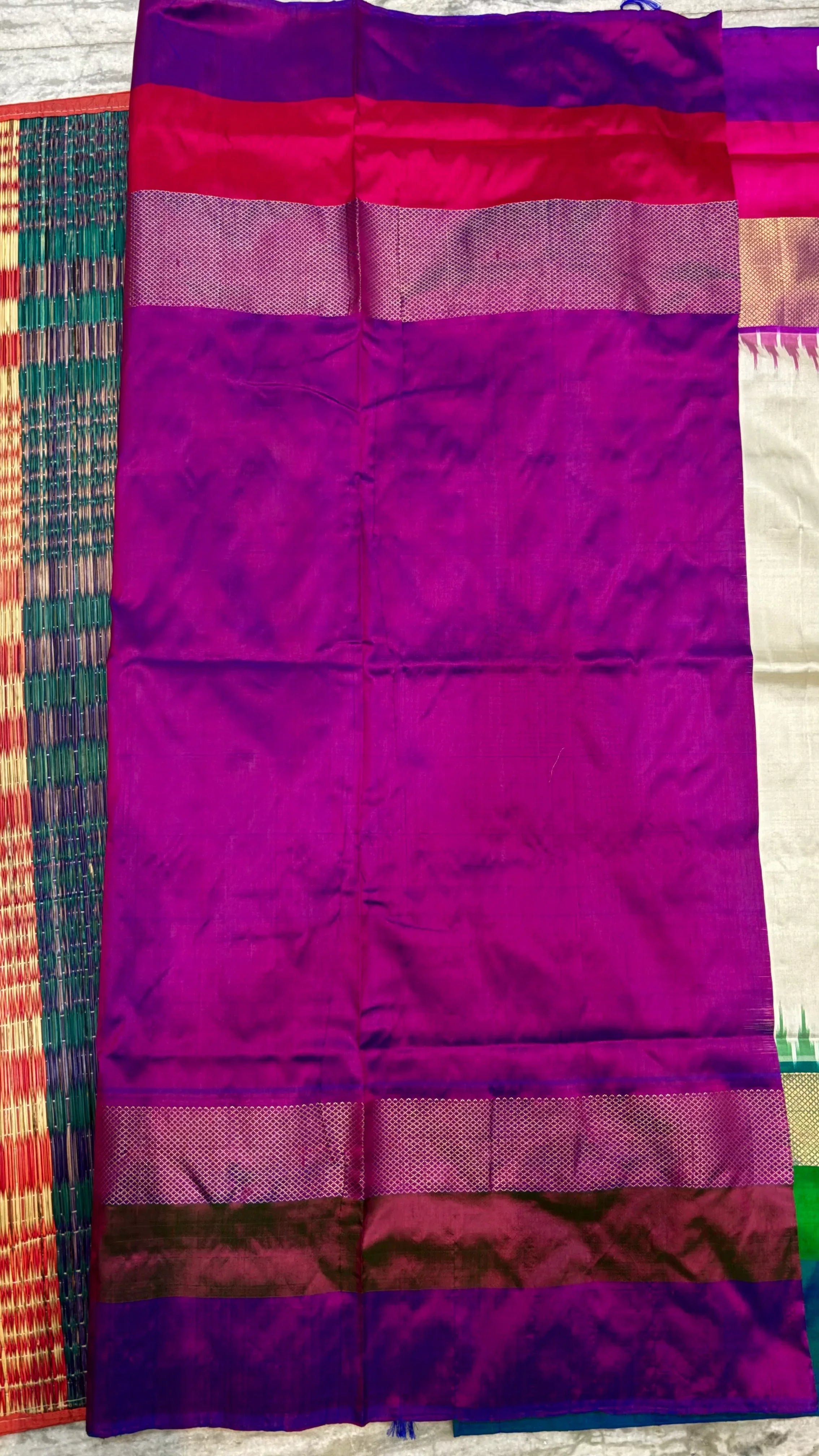 Pure Pochampally Ikkat Silk Saree in Cream with Purple Pallu - pochampallysarees.com