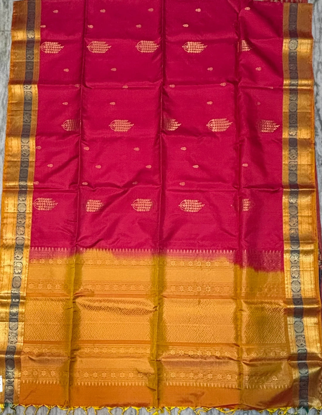 Kanchi Soft Silk Saree in Rani Pink with Mustard Yellow Korvai Border - pochampallysarees.com