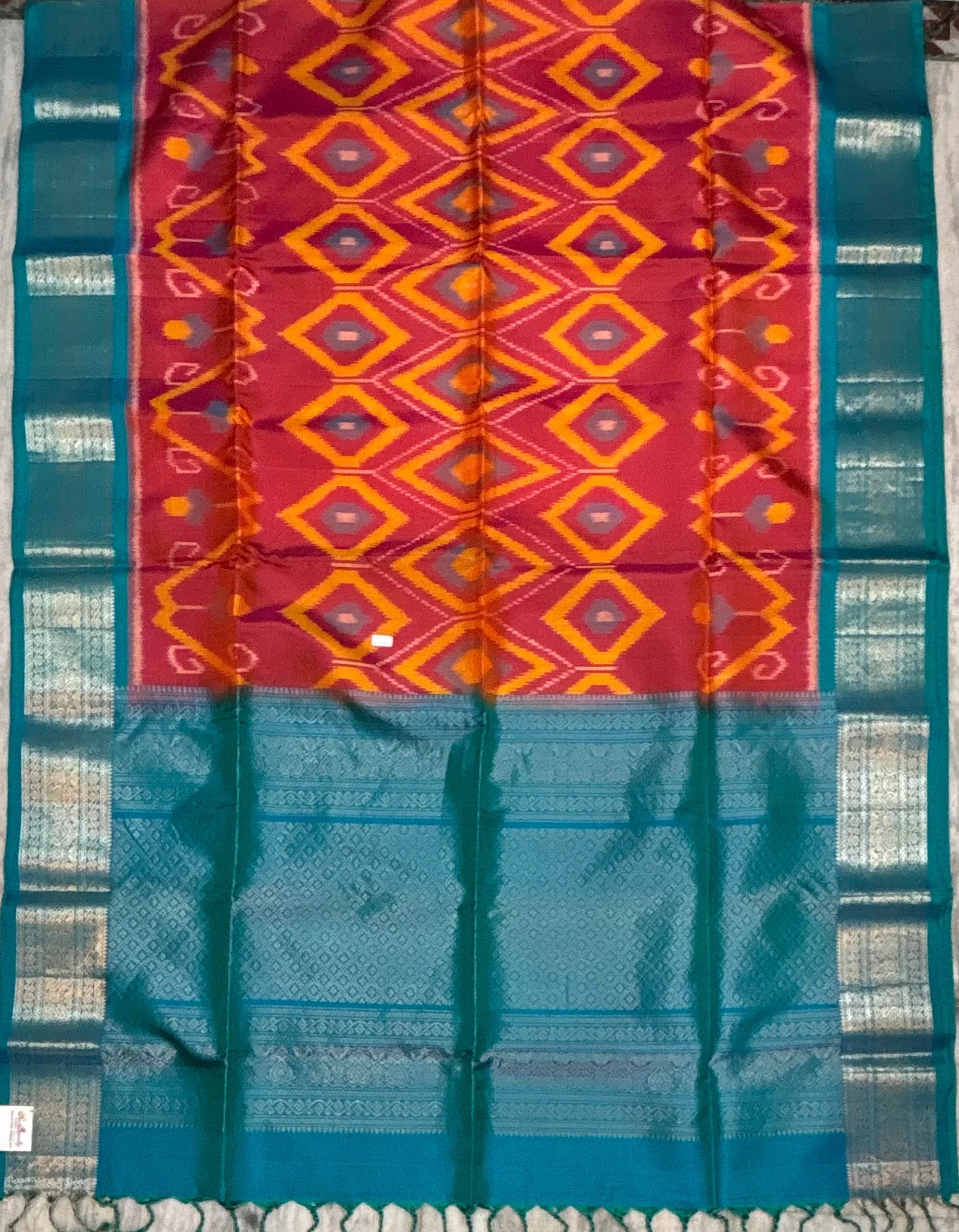 Kanchi Pure Soft Silk Ikat Orange and Blue Saree - pochampallysarees.com