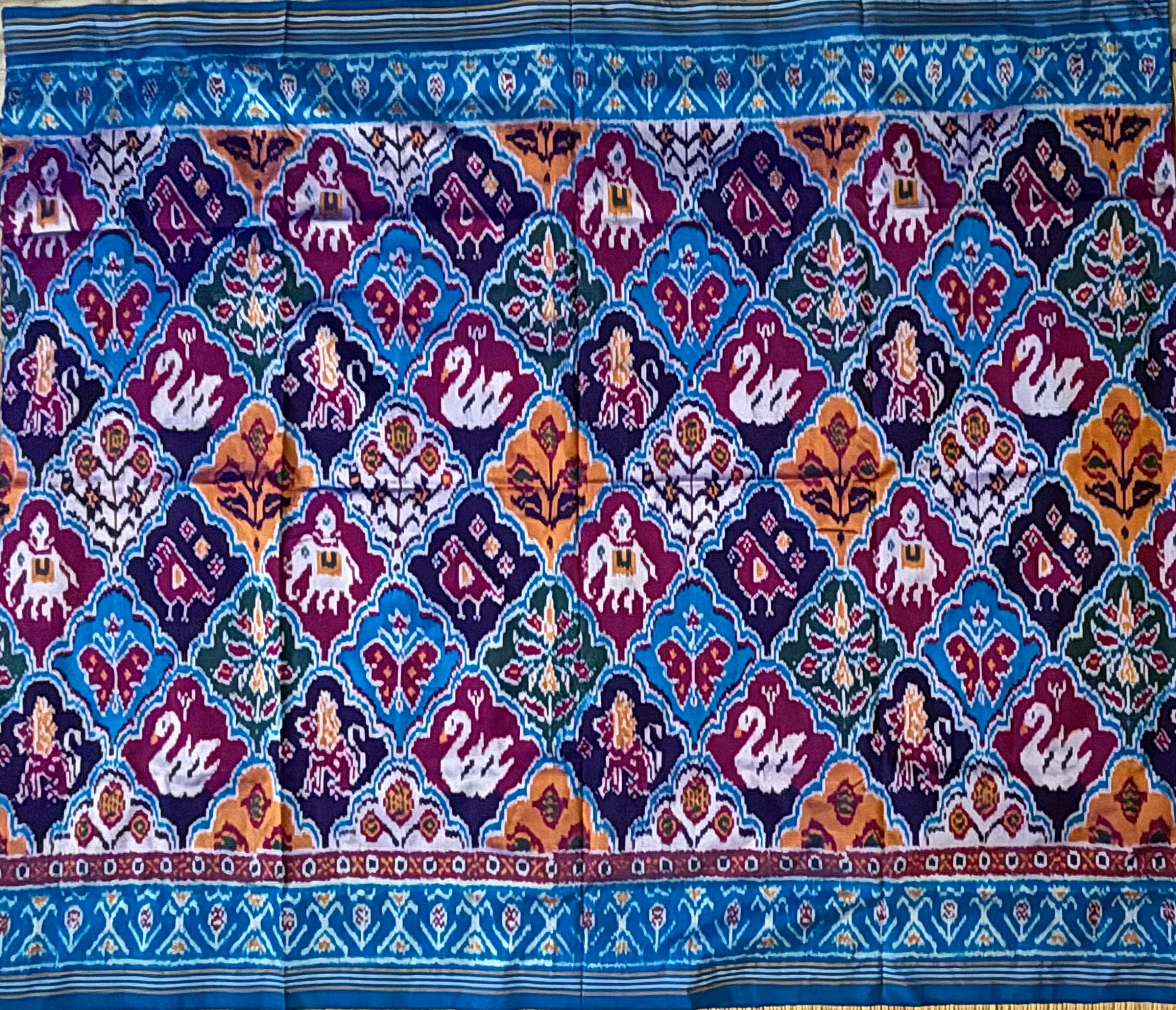 Royal Blue & Maroon Patola-Inspired Ikat Silk Saree with Traditional Elephant Motifs - pochampallysarees.com