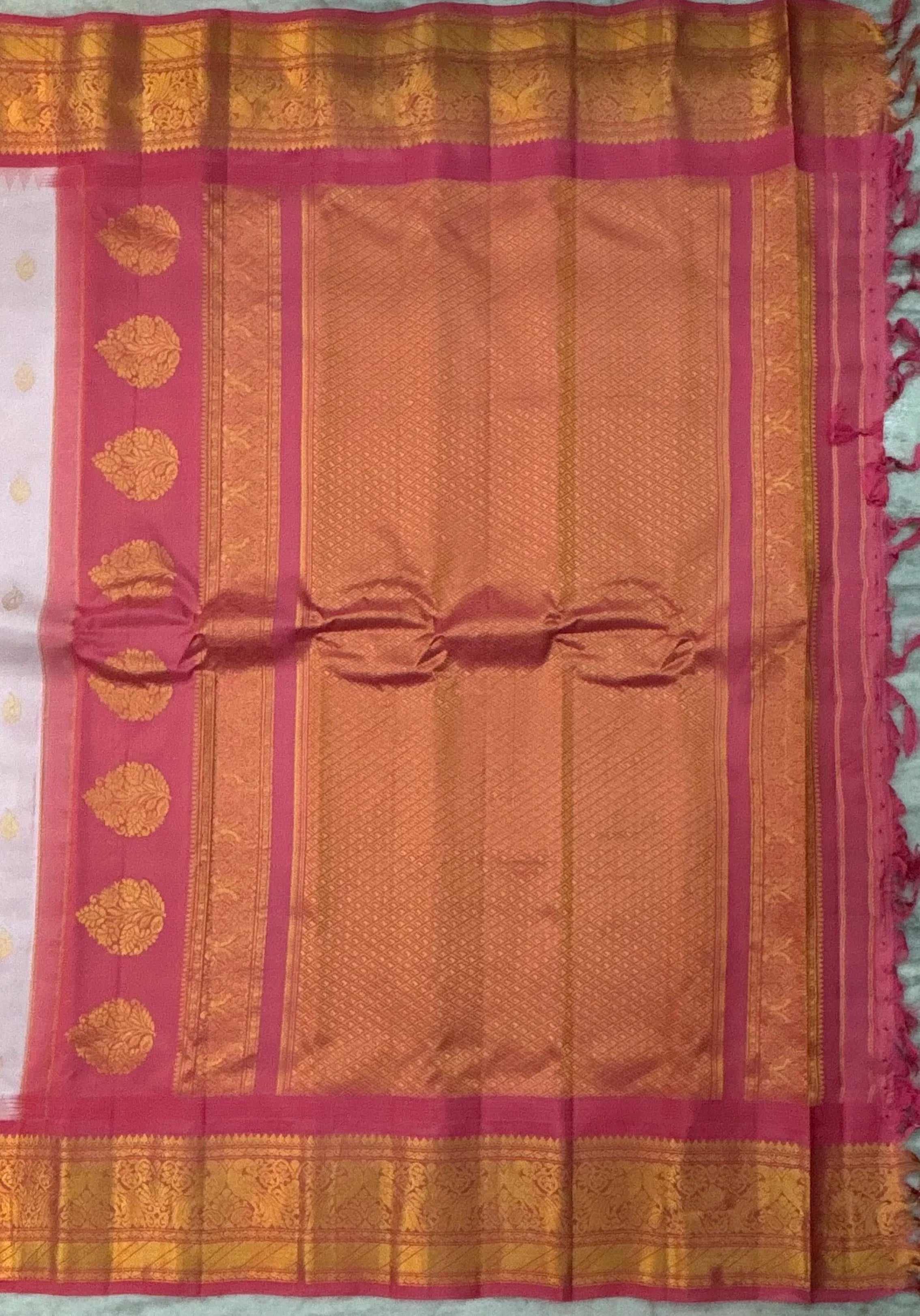 Elegant Off-White Pure Silk Saree with Contrasting Pink Zari Border and Mango Buttas - pochampallysarees.com
