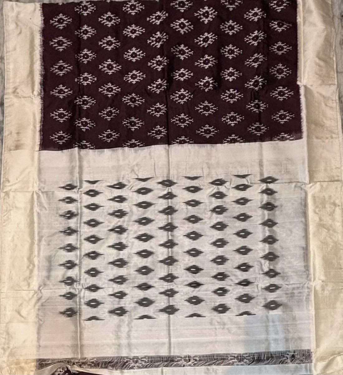 Authentic Pochampally Ikkat Silk Saree with Silk Mark Certified – Coffee Brown & Off-White - pochampallysarees.com