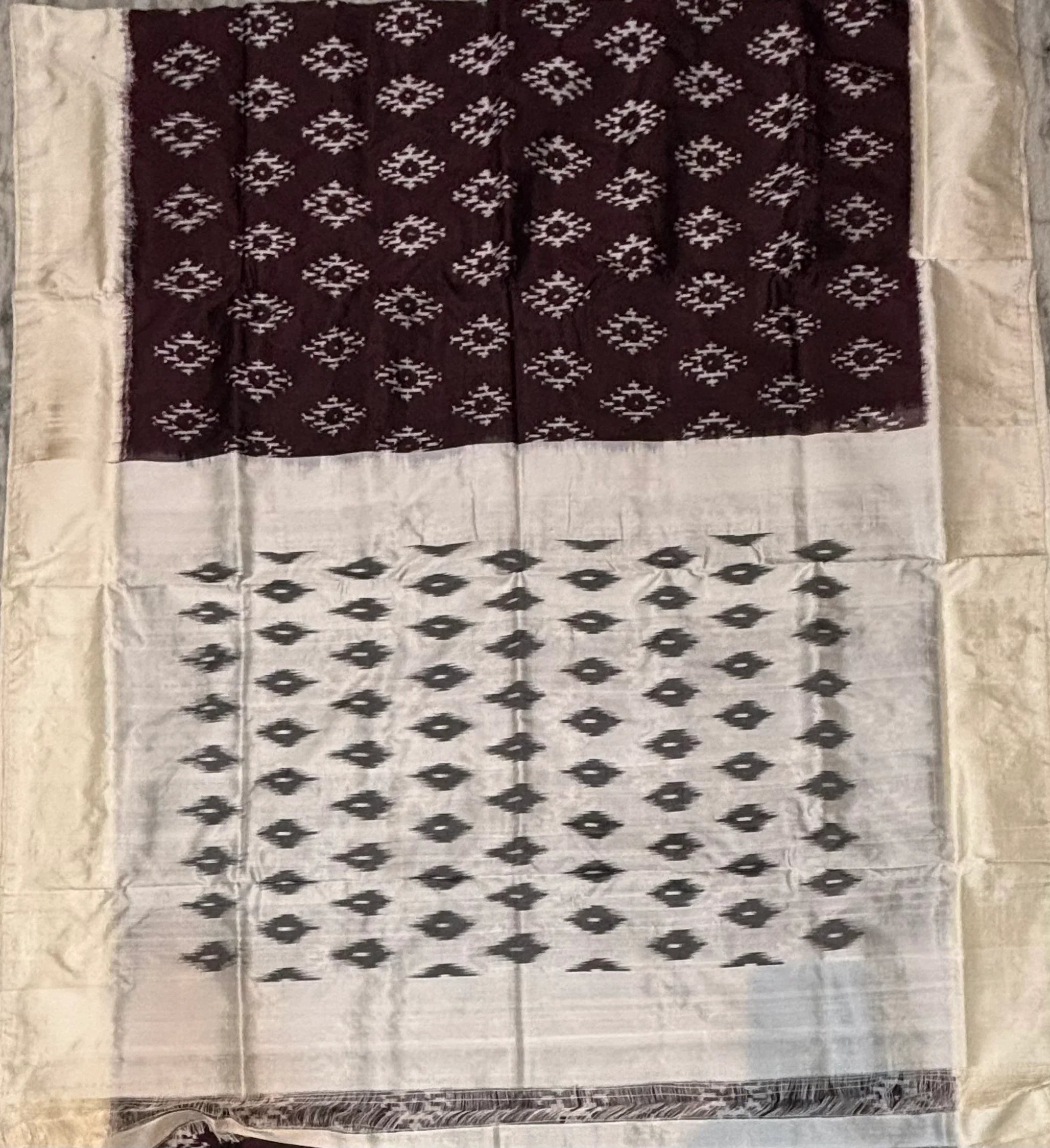 Authentic Pochampally Ikkat Silk Saree with Silk Mark Certified – Coffee Brown & Off-White - pochampallysarees.com