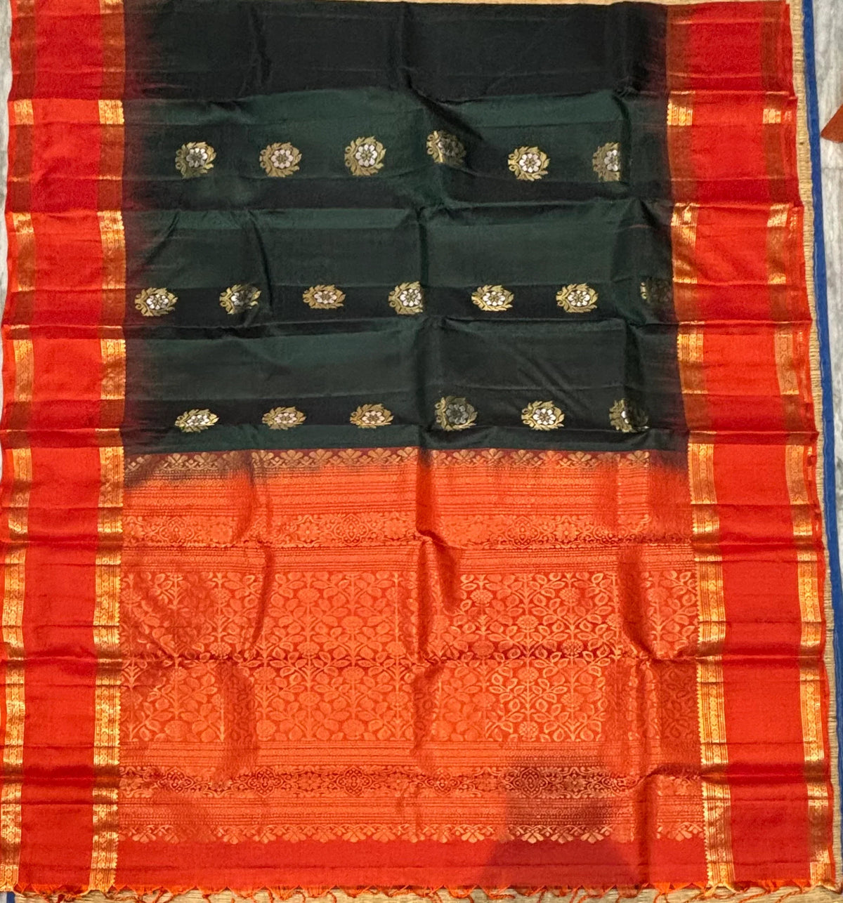 Authentic Green & Orange Pure Kanchi Silk Saree | Silk Mark Certified