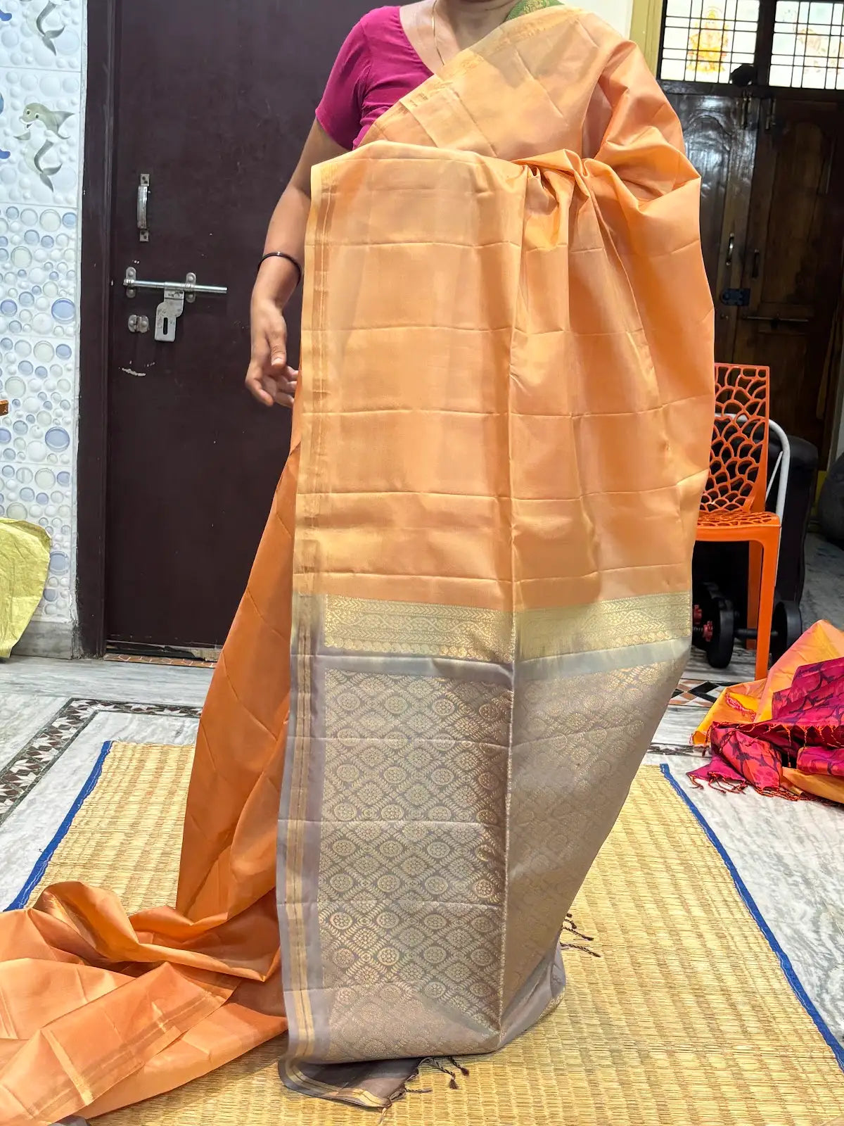 Kanchi Soft Silk Saree in Soft Peach with Contrast Grey Zari Border & Pallu