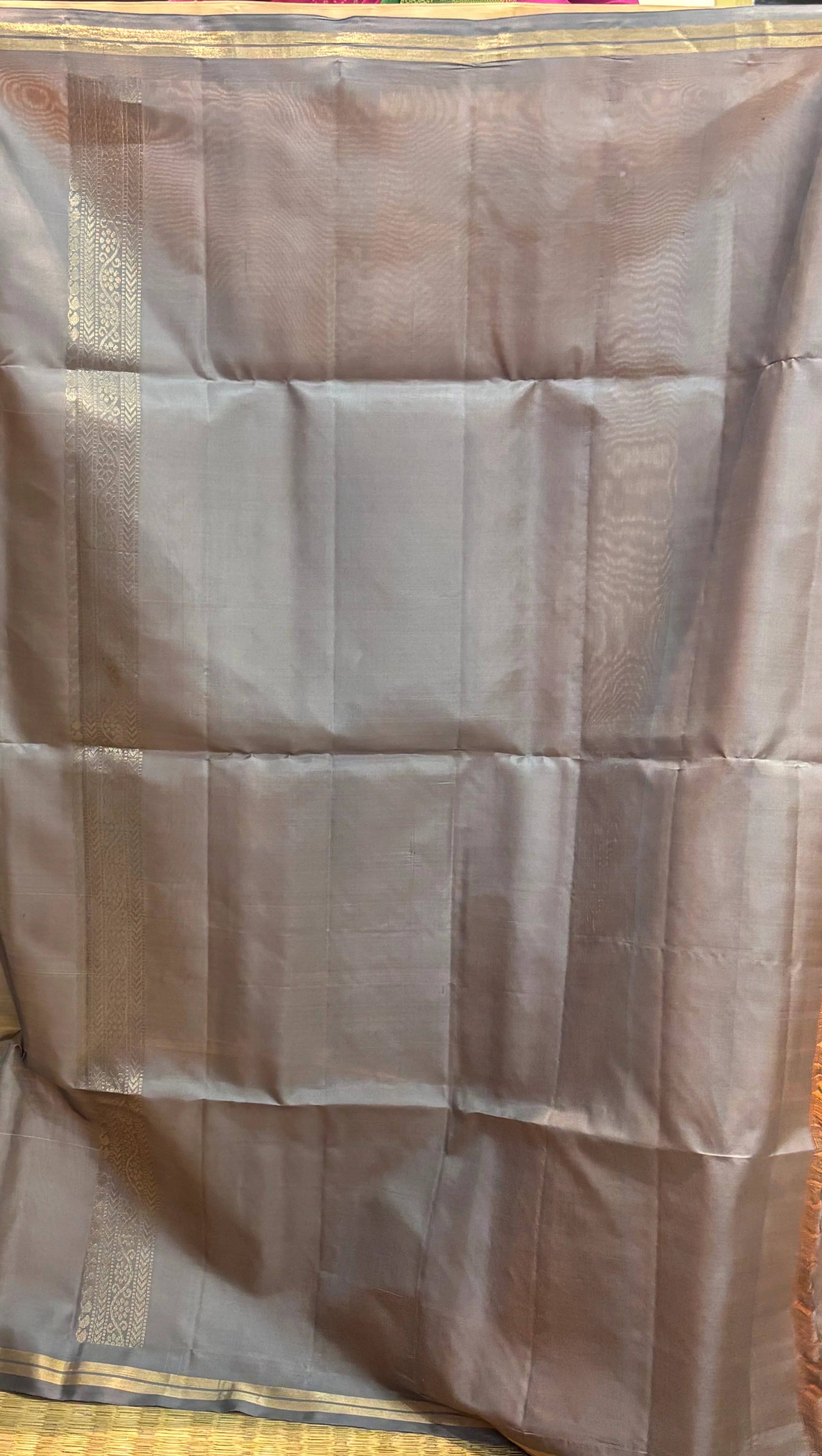 Kanchi Soft Silk Saree in Soft Peach with Contrast Grey Zari Border & Pallu
