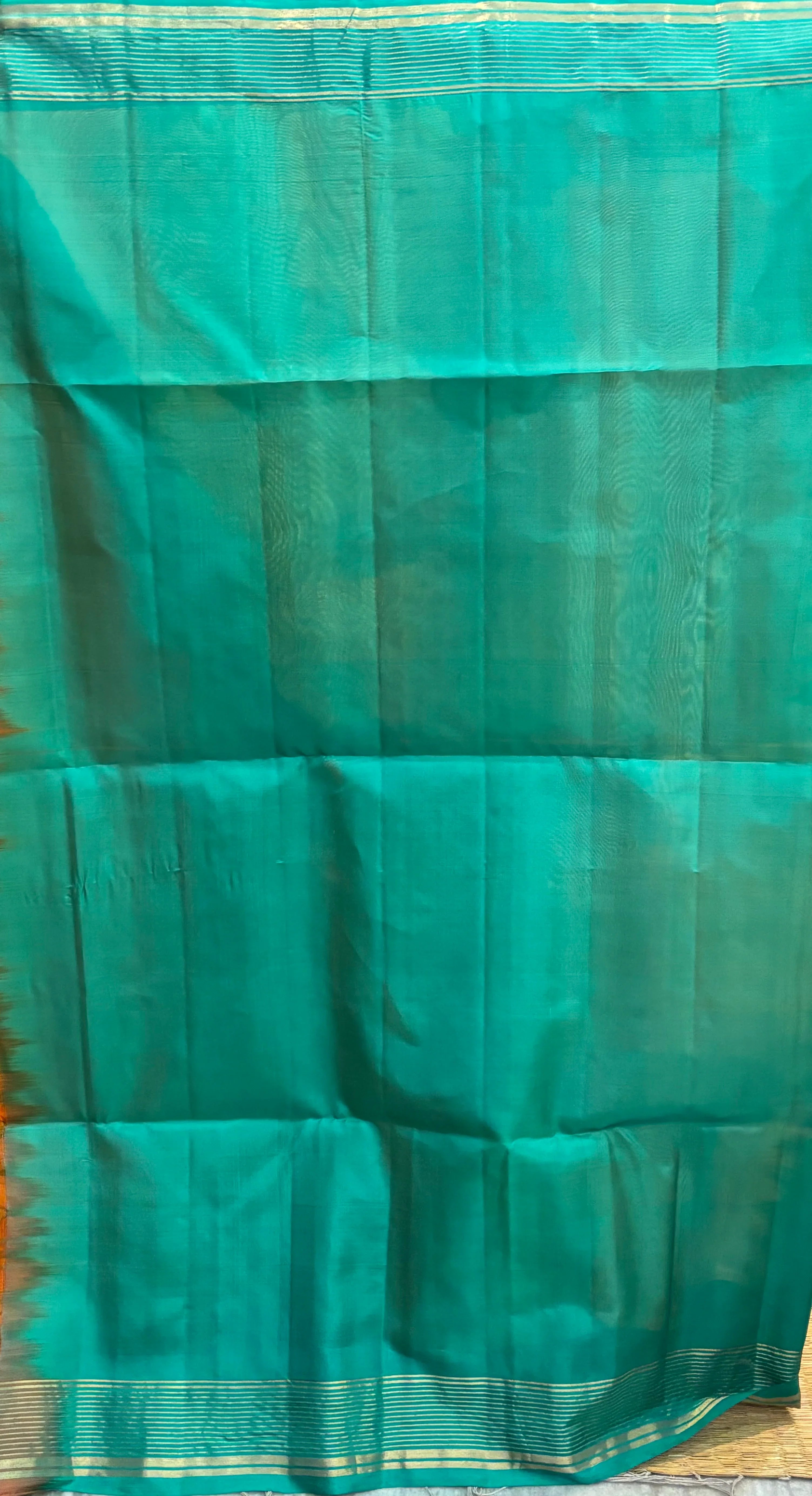 Kanchi Soft Silk Saree in Muted Gold with Teal Green Zari Border and Matching Blouse