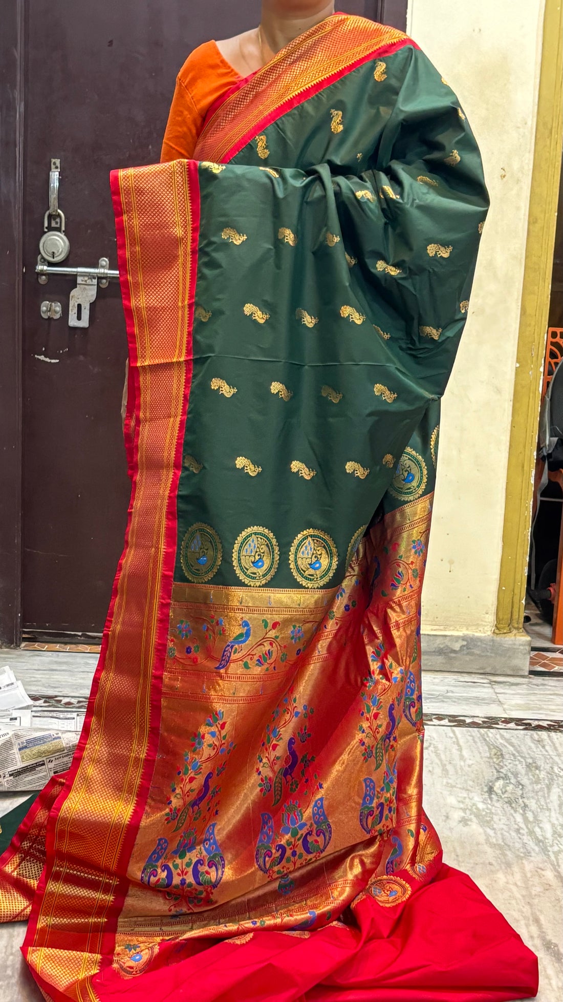 Semi gadwal Silk Traditional Dark Green Silk Saree with Red Zari Border and Peacock Motifs