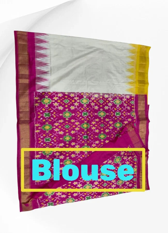 Handwoven Off-White & Yellow Pochampally Ikkat Silk Saree with Magenta Border Pallu & Blouse Same Ikkat Design - pochampallysarees.com