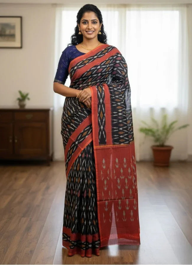 POCHAMPALLY IKKAT COTTON BLACK RED SARI - pochampallysarees.com