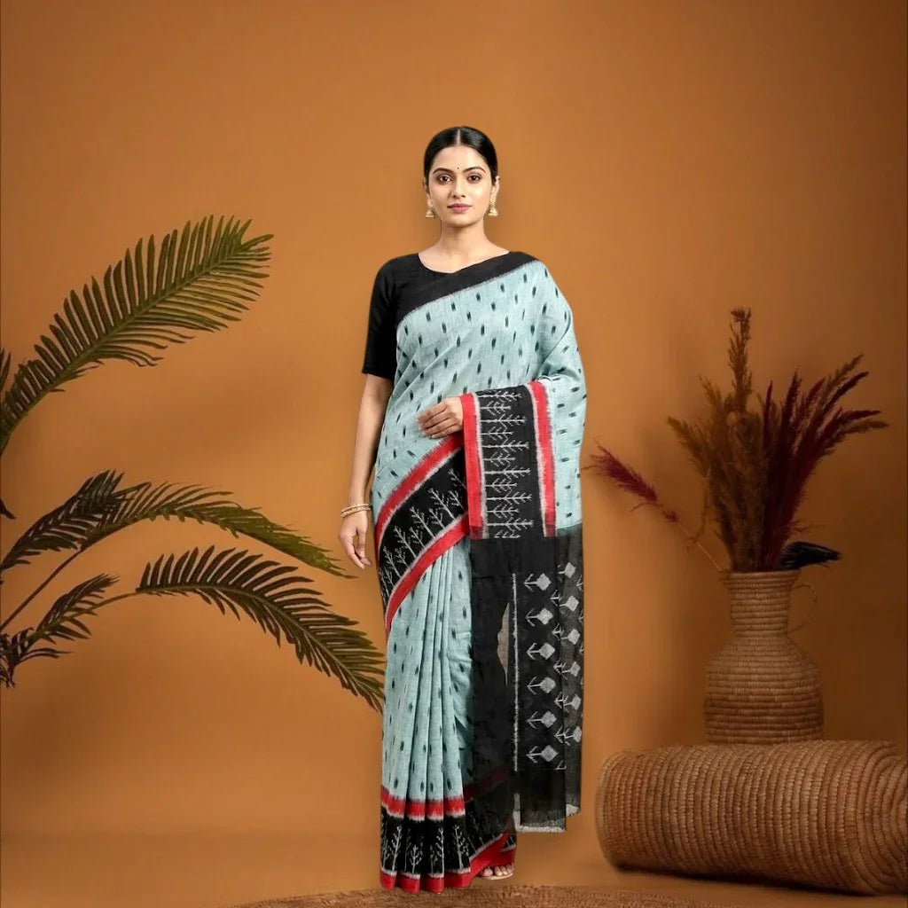 POCHAMPALLY IKKAT COTTON LIGHT BLUE BODY BORDER BLACK SARI BLACK BLOUSE - pochampallysarees.com