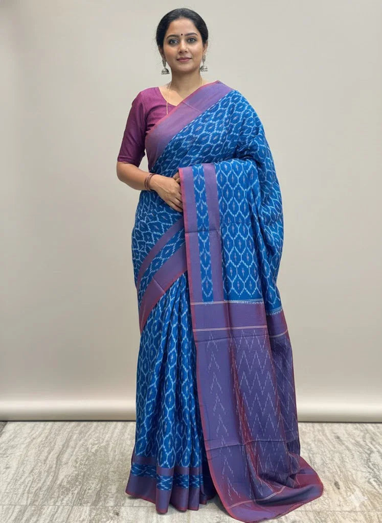 POCHAMPALLY IKKAT COTTON BLUE PURPLE SARI - pochampallysarees.com