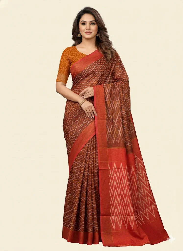 POCHAMPALLY IKKAT COTTON BROWN ORANGE SARI - pochampallysarees.com