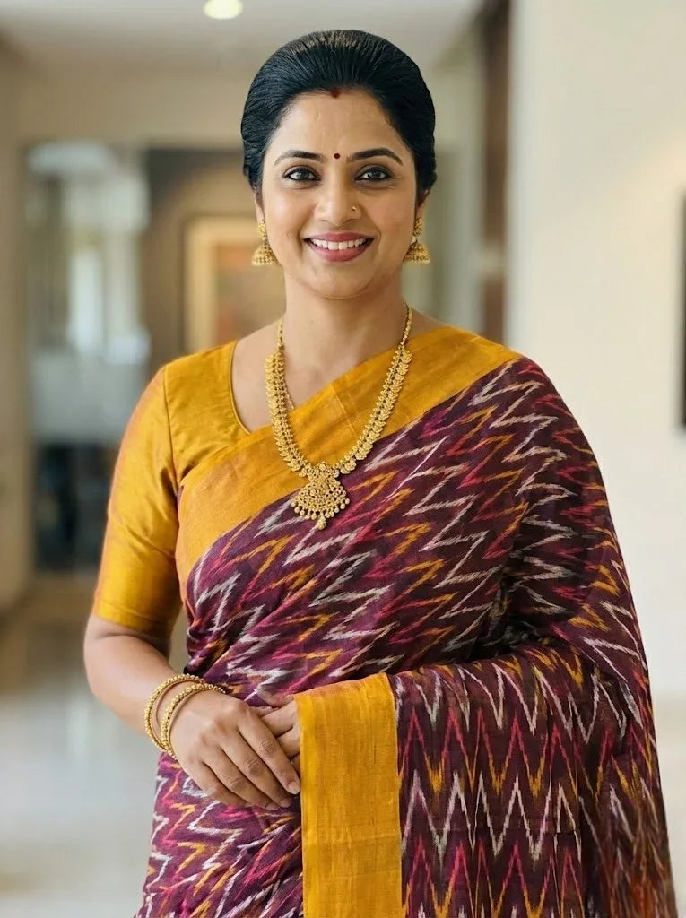 POCHAMPALLY IKKAT COTTON CHOCOLATE YELLOW SARI