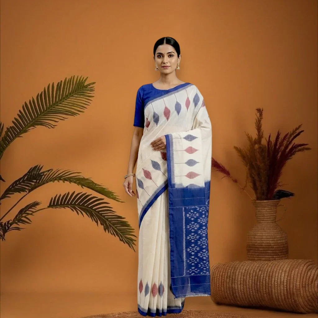 POCHAMPALLY IKKAT COTTON CREAM BODY BORDER BLUE SARI BLUE BLOUSE - pochampallysarees.com
