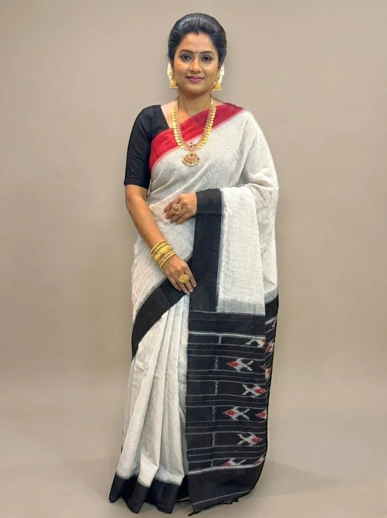 POCHAMPALLY IKKAT COTTON WHITE BLACK SARI - pochampallysarees.com