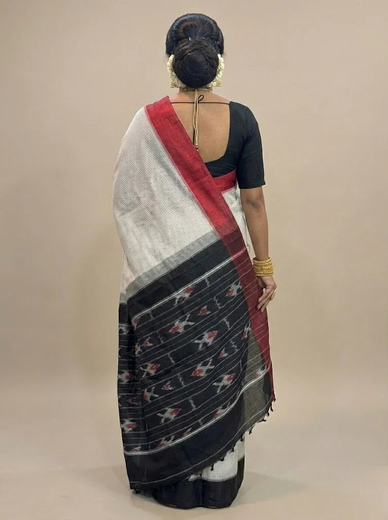 POCHAMPALLY IKKAT COTTON WHITE BLACK SARI - pochampallysarees.com