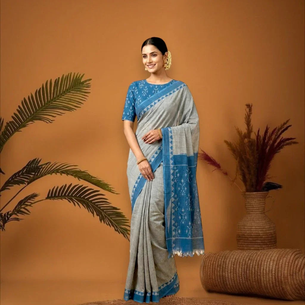 POCHAMPALLY IKKAT COTTON GRAY BODY BORDER BLUE SARI BLUE BLOUSE - pochampallysarees.com