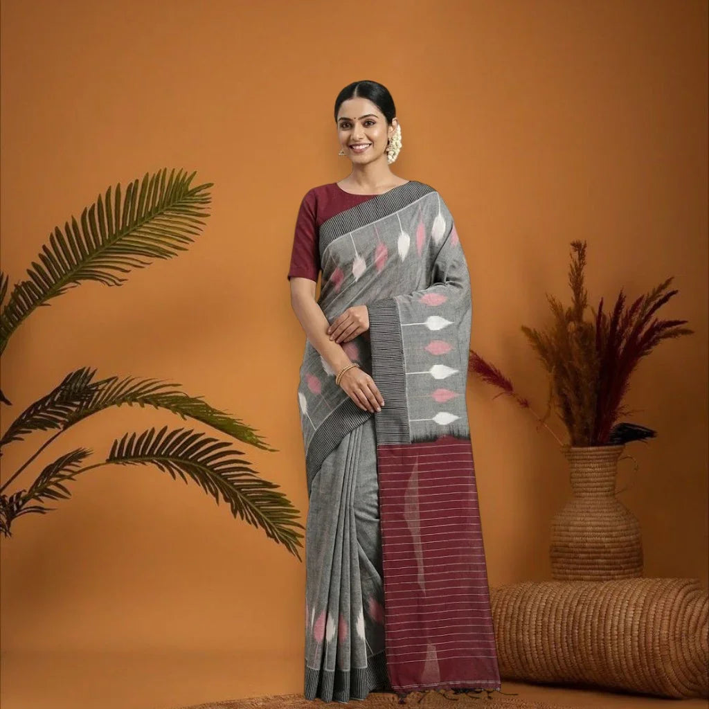 POCHAMPALLY IKKAT COTTON GRAY BODY BORDER MAROON SARI MAROON BLOUSE - pochampallysarees.com