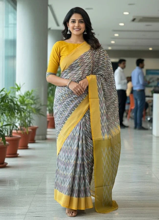 POCHAMPALLY IKKAT COTTON GRAY YELLOW SARI - pochampallysarees.com