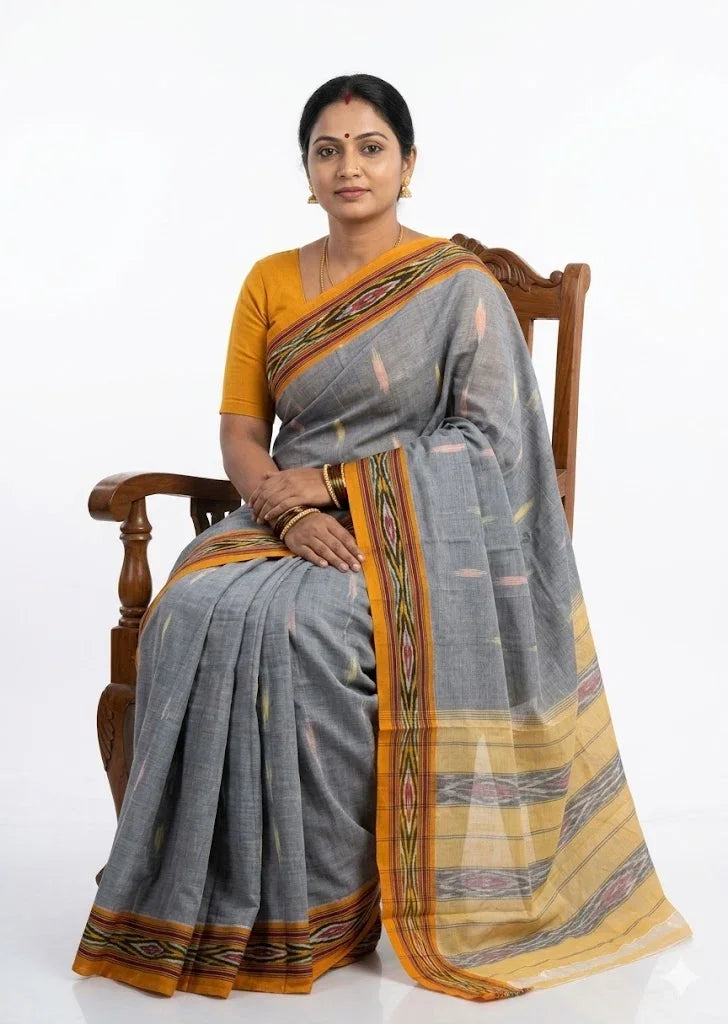 Slate Grey and Mustard Yellow Pochampally Ikat Cotton Saree - pochampallysarees.com