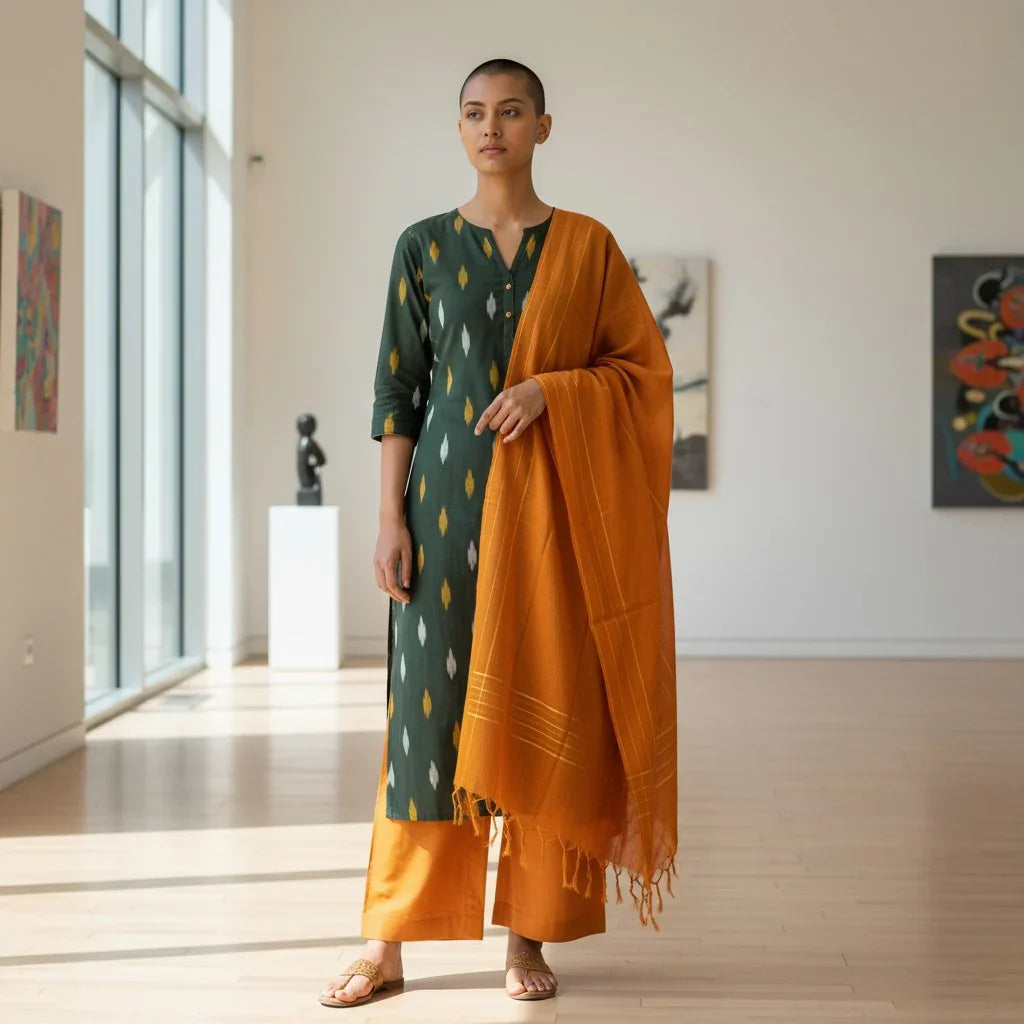 IKKAT COTTON TOP FABRIC GREEN PANT AND CHUNNI YELLOW DRESS MATERIAL - pochampallysarees.com