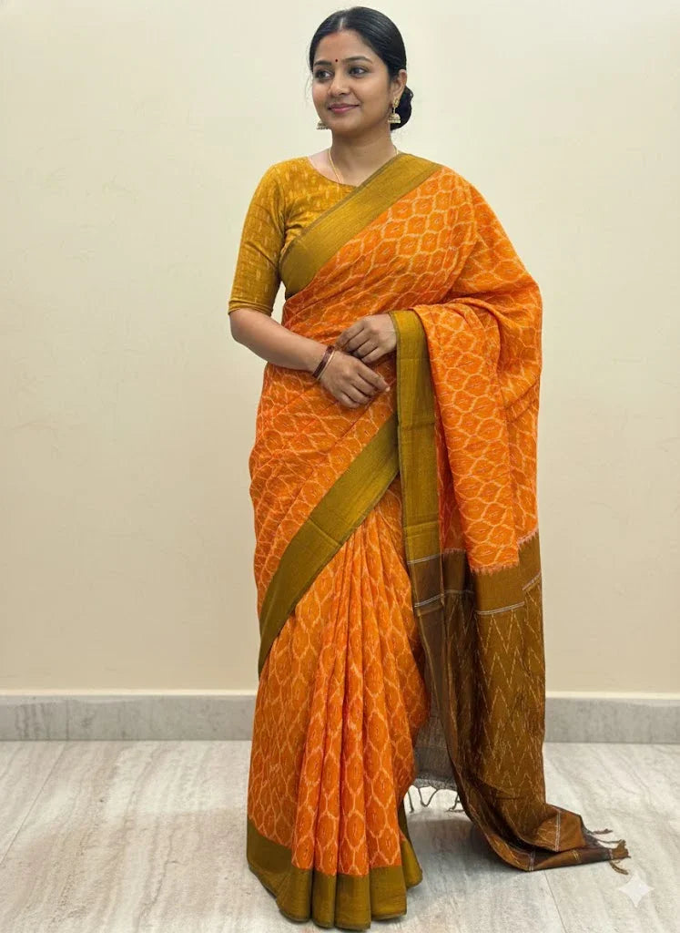 POCHAMPALLY IKKAT COTTON ORANGE SARI - pochampallysarees.com
