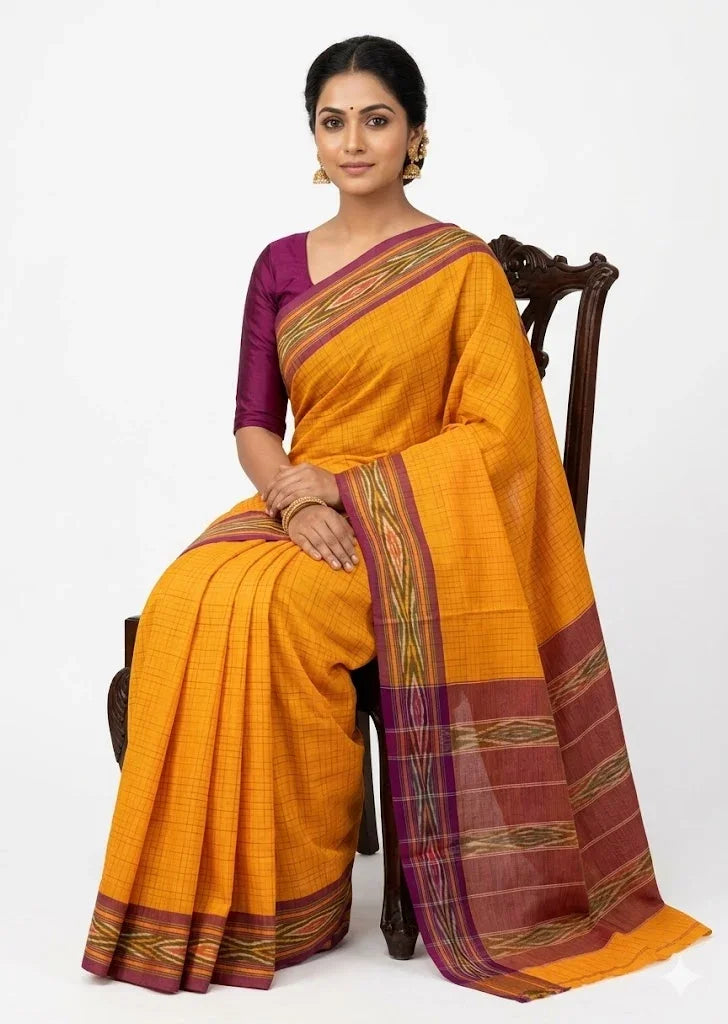 Vibrant Mustard Orange Pochampally Ikat Cotton Saree - pochampallysarees.com