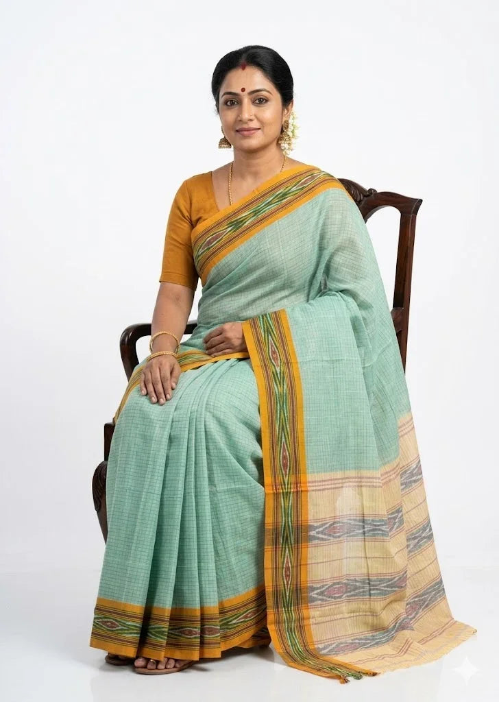 Authentic Pochampally Ikat Handloom Cotton Saree - Sea Green - pochampallysarees.com