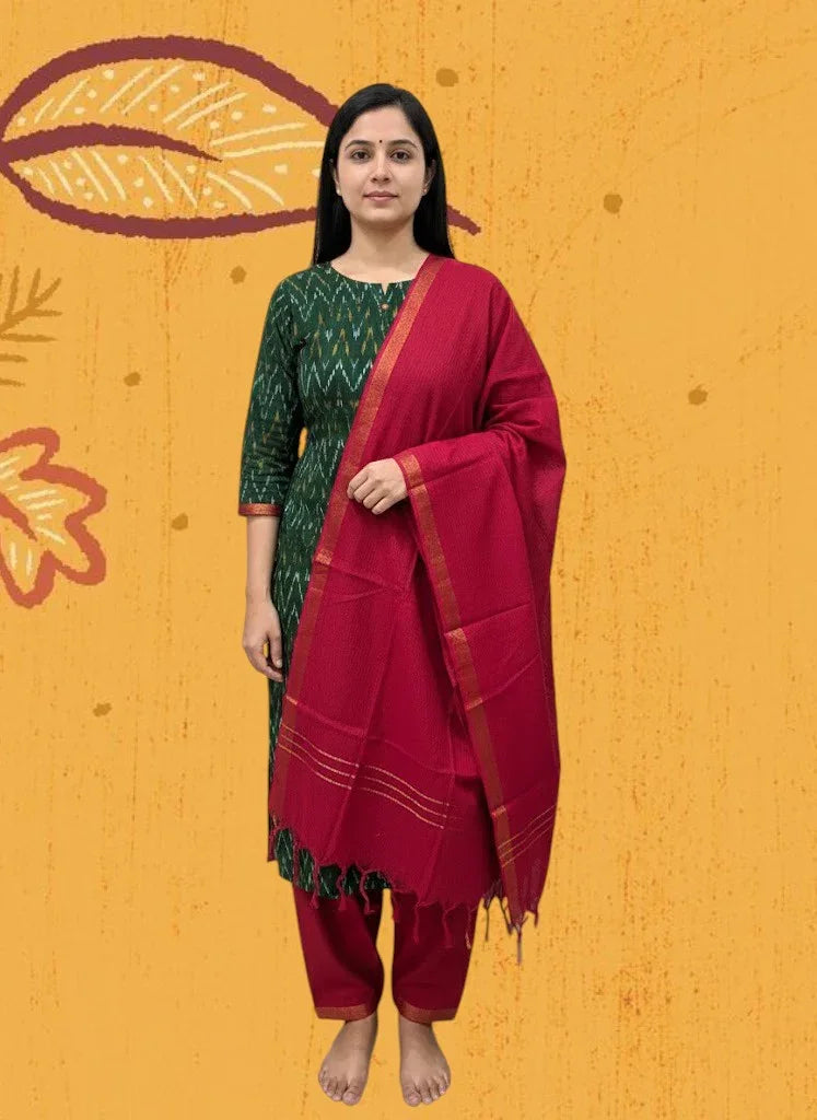 Ikkat Cotton Suite Green Red - pochampallysarees.com