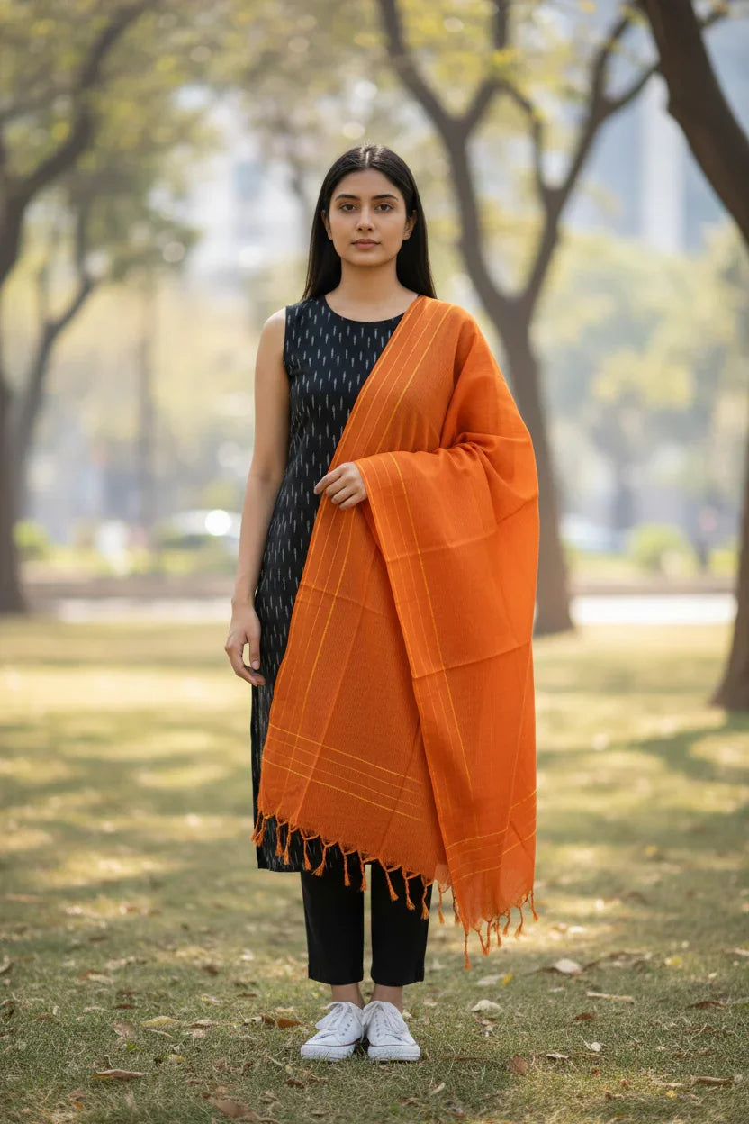 Ikkat Cotton Suite Orange Black - pochampallysarees.com