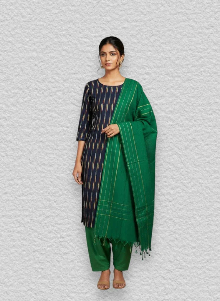 Ikkat Suite Navy Blue Green - pochampallysarees.com