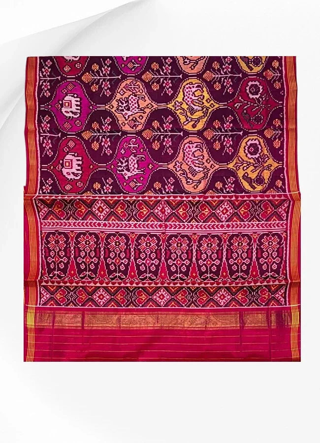 Pure Real Patola Silk Saree in Magenta with Traditional Elephant & Floral Motifs - pochampallysarees.com