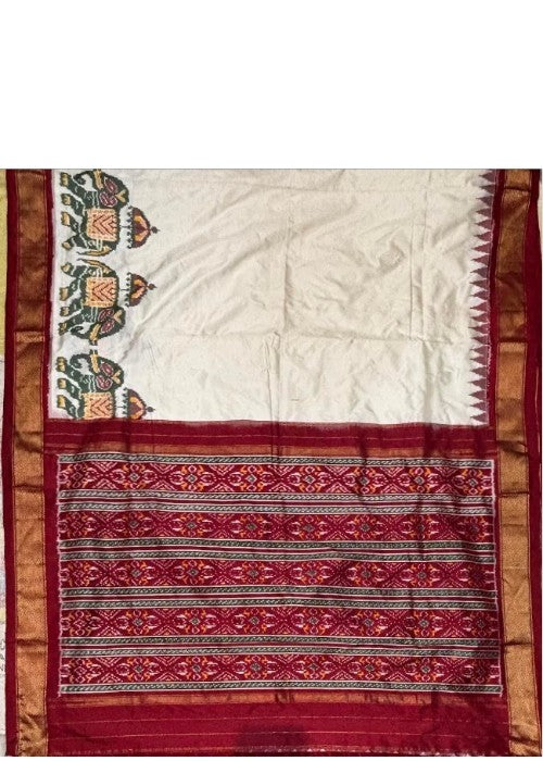Pure Ivory Pochampally Ikkat Silk Saree with Red Elephant Motif Border