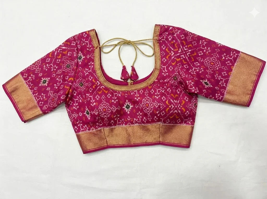 POCHAMPALLY IKKAT SILK BODY MANGO YELLOW BORDER PINK AND PALLU AND BLOUSE IKKAT DESIGN PINK SARI - pochampallysarees.com