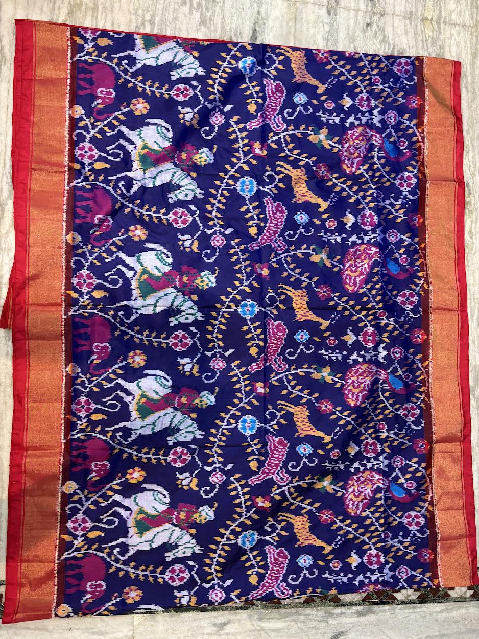 POCHAMPALLY IKKAT SILK PATOLA MIDDLE NAVYBLUE BORDER AND PALLU RED ZARI BORDER RICH PALLU SAREE - pochampallysarees.com