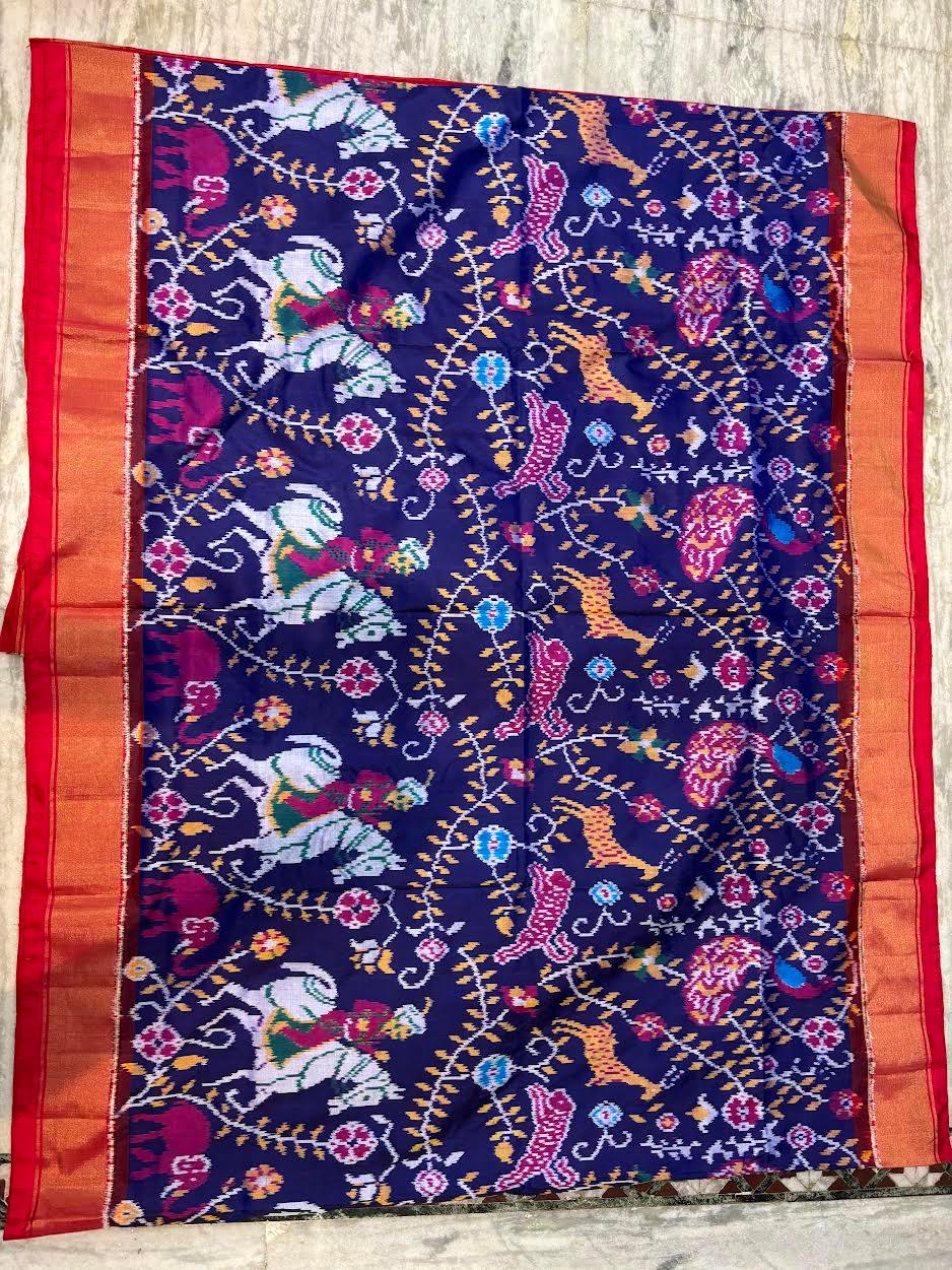 POCHAMPALLY IKKAT SILK PATOLA MIDDLE NAVYBLUE BORDER AND PALLU RED ZARI BORDER RICH PALLU SAREE - pochampallysarees.com