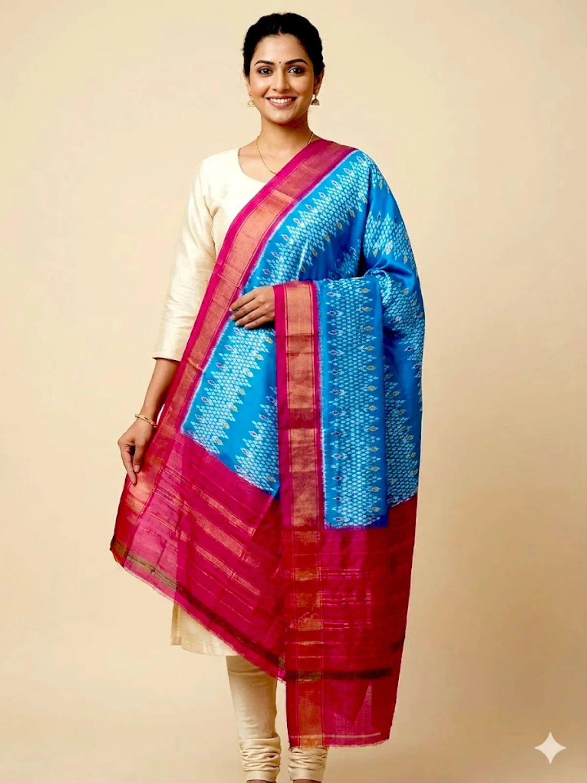 Ikkat Silk Dupatta Ananda Blue Pink - pochampallysarees.com