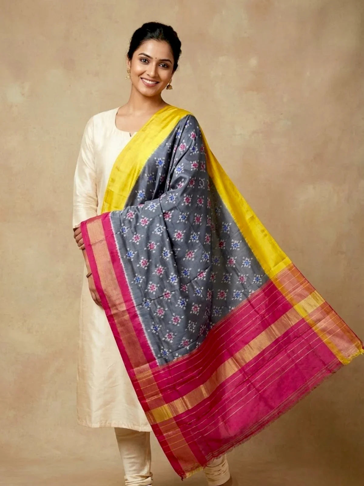 Ikkat Silk Dupatta Gray Pink yellow - pochampallysarees.com