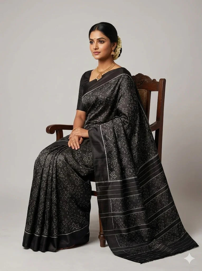 POCHAMPALLY IKKAT SILK PATOLA BLACK SAREE with Intricate Geometric Motifs & Striped Pallu | Traditional Handloom Party Wear - pochampallysarees.com