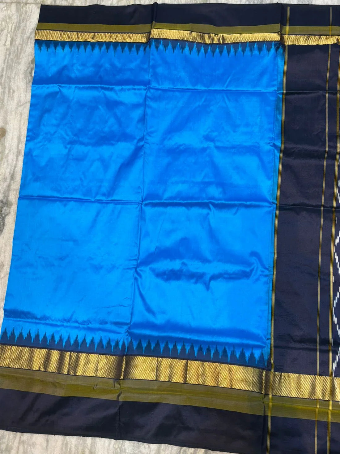 Pure Ikkat Silk Saree in Radiant Blue with Contrast Black Temple Border & Geometric Pallu - pochampallysarees.com