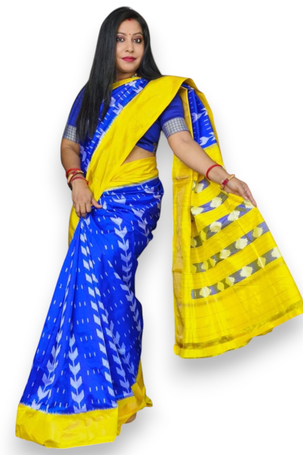 Pure Pochampally Ikkat Silk Blue With Yellow Sari