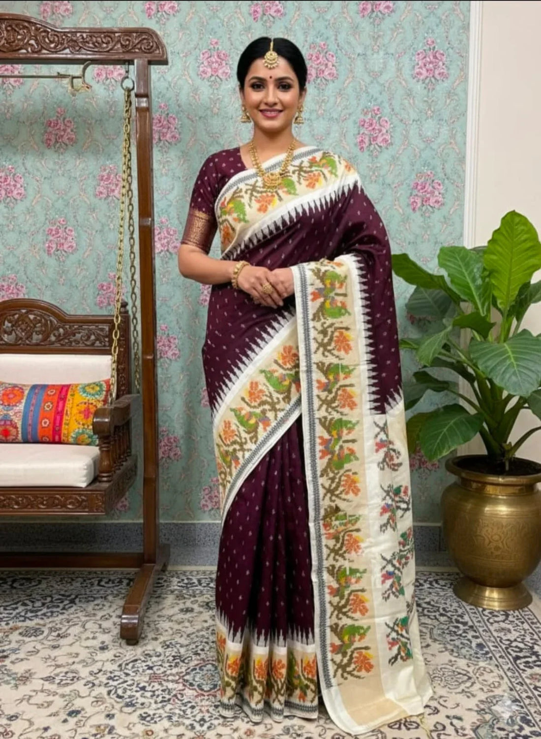 Authentic Chocolate Brown & Cream Ikkat Silk Saree with Floral Temple Border & Parrot Motifs - pochampallysarees.com