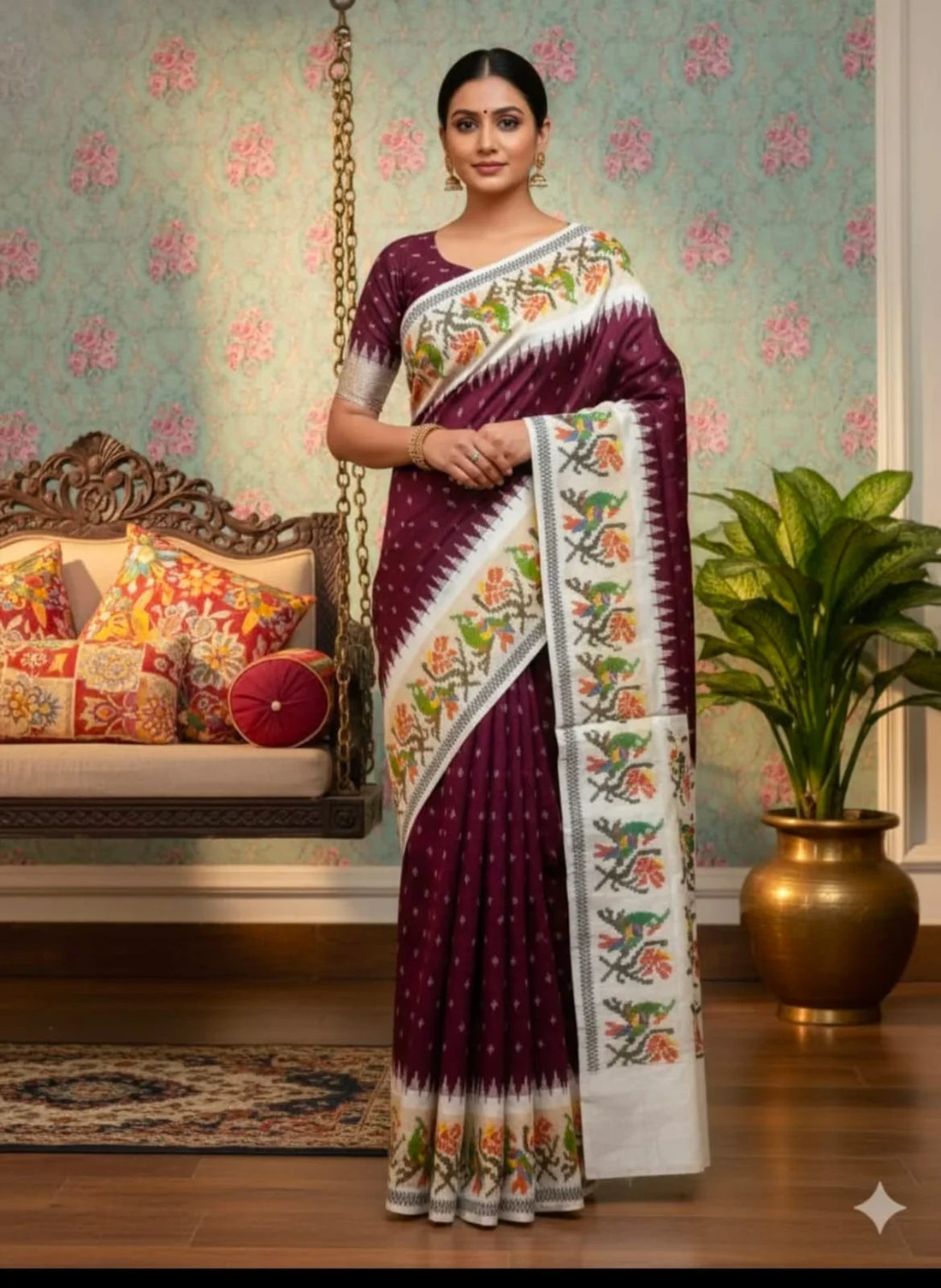 Pure Ikkat Silk Saree | Chocolate Maroon with White Temple Border | Silk Mark Certified Handloom Pochampally | Traditional Bird Motif - pochampallysarees.com