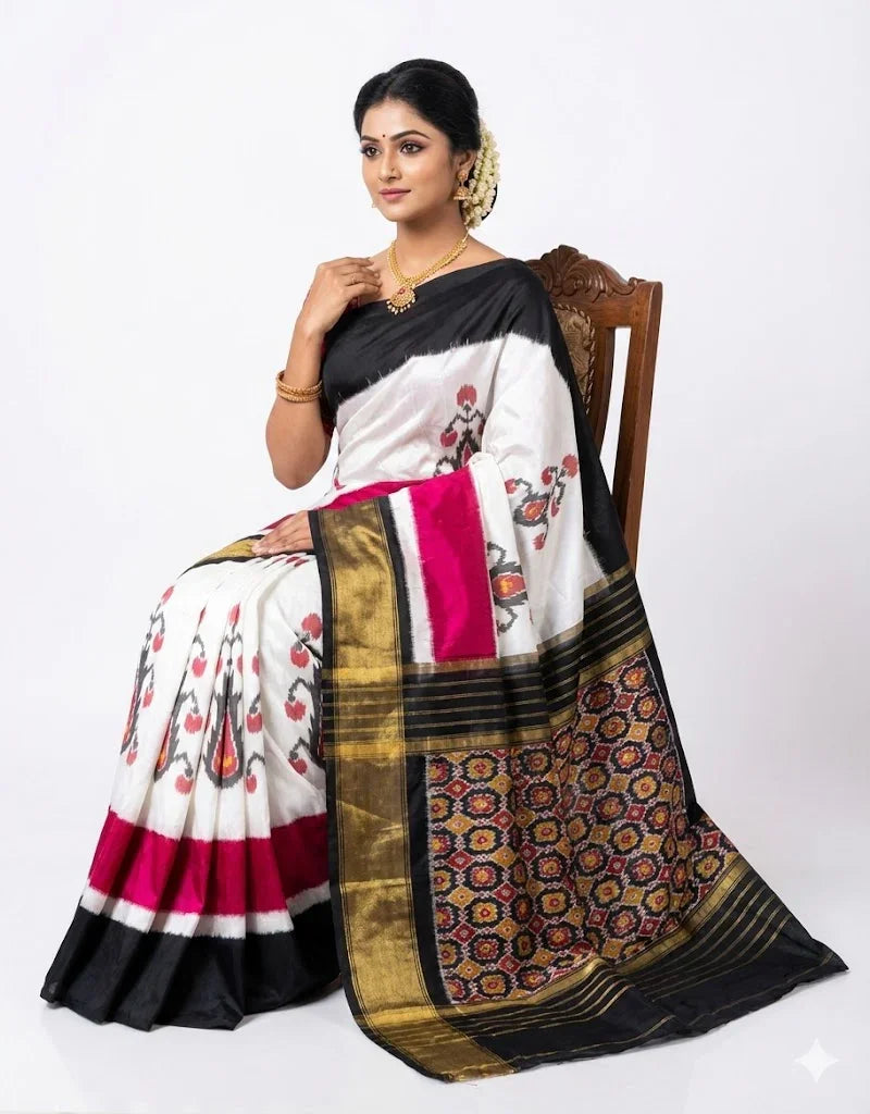 Ikkat Silk Cream Black Saree - pochampallysarees.com
