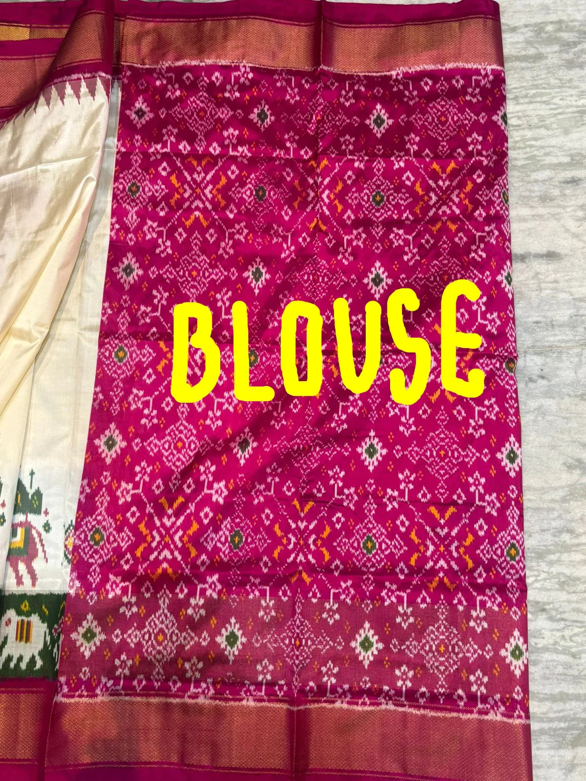Pure Handloom Ikkat Silk Saree in Cream & Magenta | Traditional Pochampally Silk with Elephant Motifs, Temple Zari Border & Designer Pallu | Wedding & Festive Wear - pochampallysarees.com